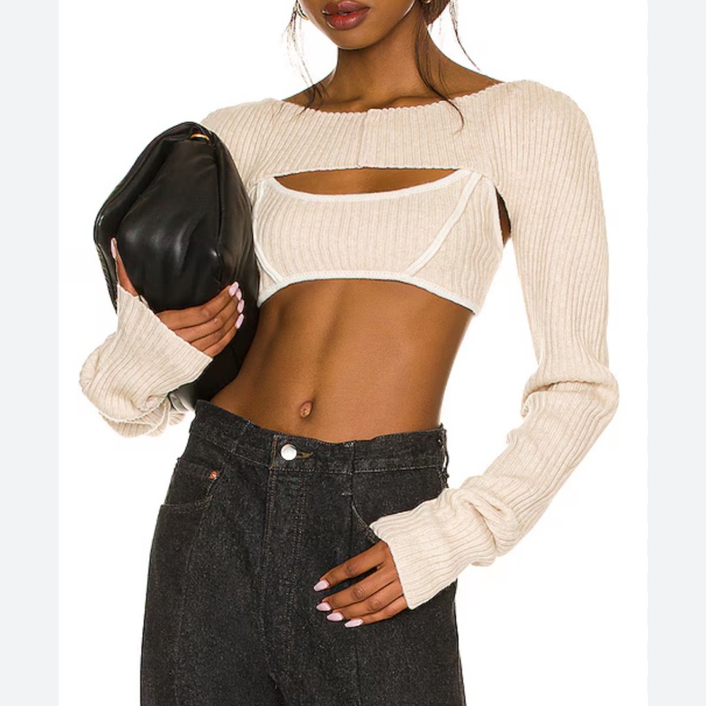 Danielle Guizio Rib Knot Shrug in Light Cream